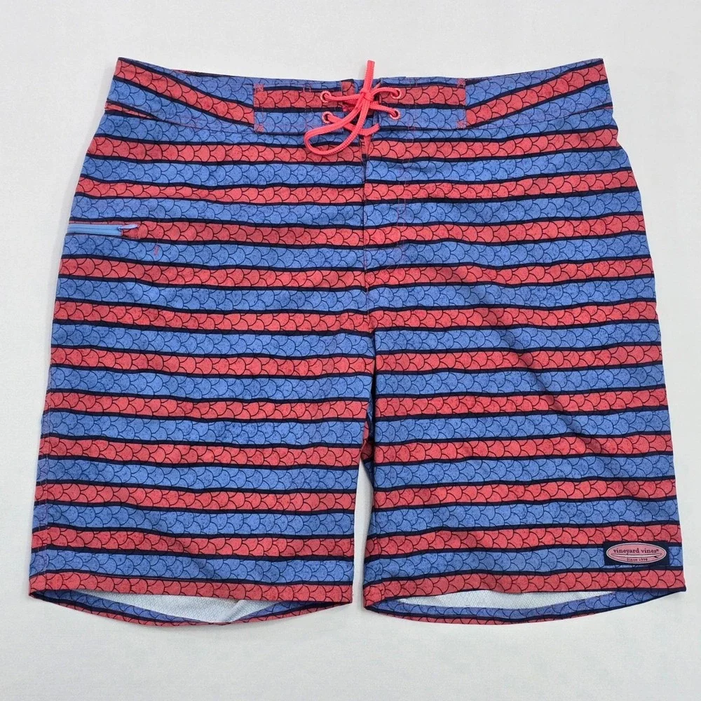 Vineyard Vines Mens 34 Board Shorts Red Blue Striped Fish Scale Swim Trunks